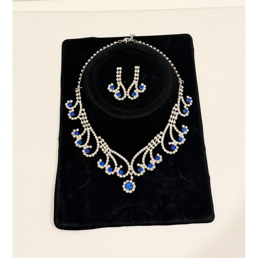 Silver-Tone & Sapphire Blue Rhinestone Statement Necklace & Earring Jewelry Set - Picture 2 of 4